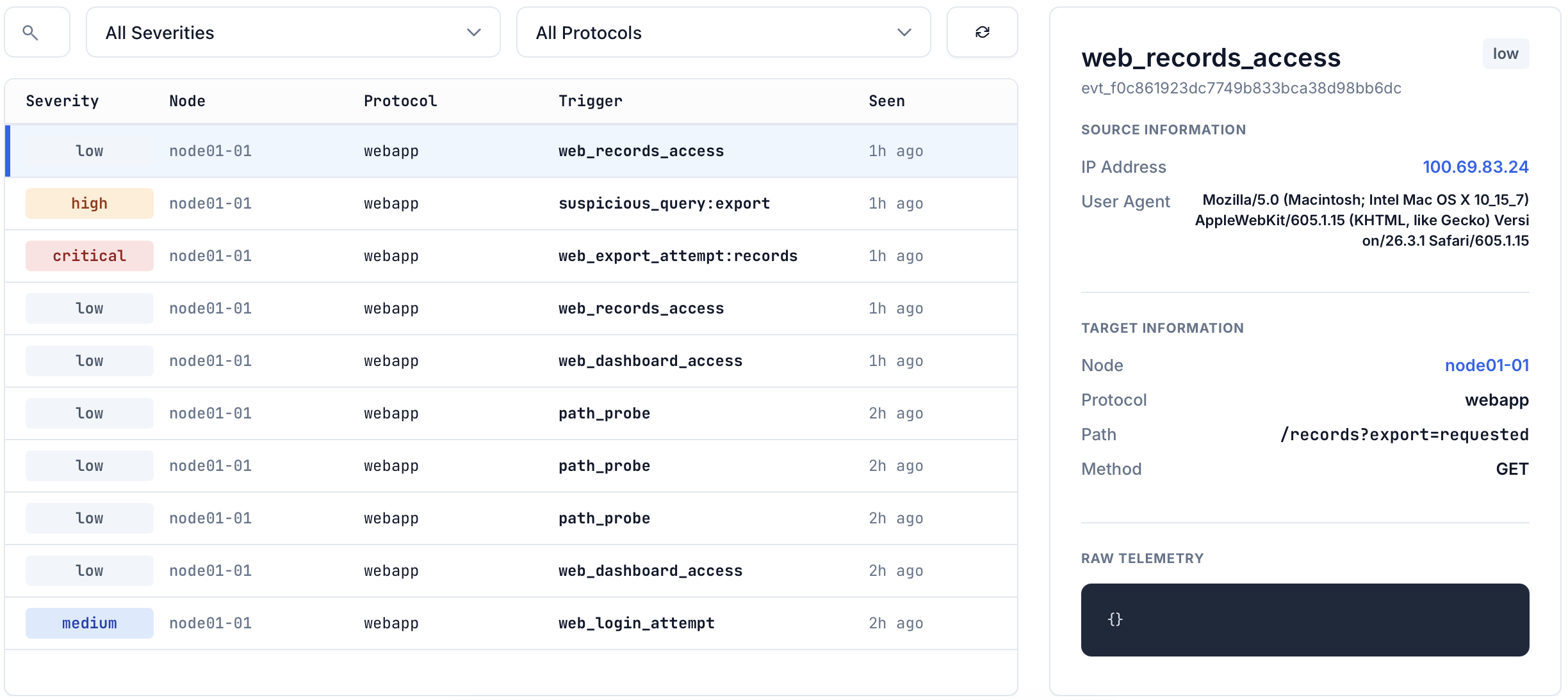 NodeNoise event telemetry dashboard showing triggered web app events